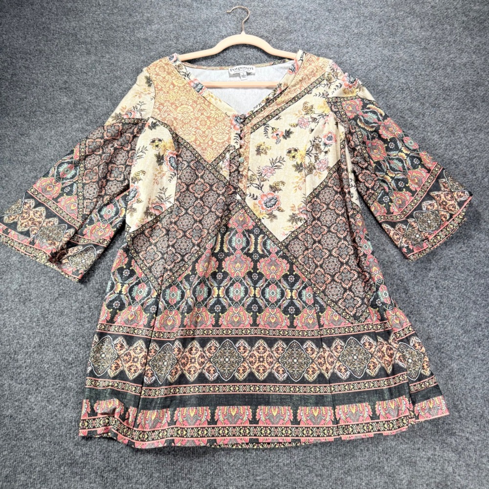 Potpourri Tunic Top Patchwork Paisley Floral Bell Sleeve V-Neck L Womens Multi